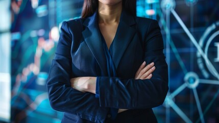 Fototapeta premium Closeup of a female CEOs torso in a navy blue suit, isolated against a backdrop of digital cryptocurrency graphs, symbolizing fintech leadership