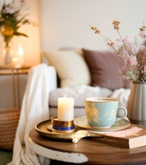  A round wooden coffee table with knitted decor and a burning candle on it, a cozy home interior design of a modern living room in a house. 