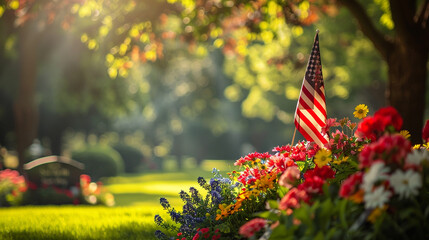Serene park setting holds a Memorial Day flag and bright flowers at a veteran's grave.