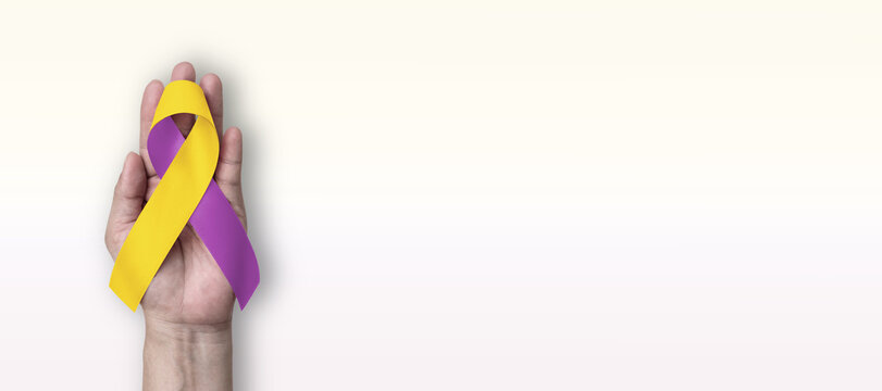 Purple Yellow ribbon for Autoimmune Hepatitis Awareness Month in May, chemical Injuries, Lupus and Endometriosis, Progressive Feminism and Sotos Syndrome