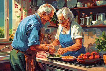 An Elderly Couple Cooking in the Kitchen. Generative AI