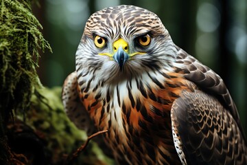 Fototapeta premium Close view of Northern Goshawk clutching a branch, fierce eyes scanning the surroundings, dense forest around