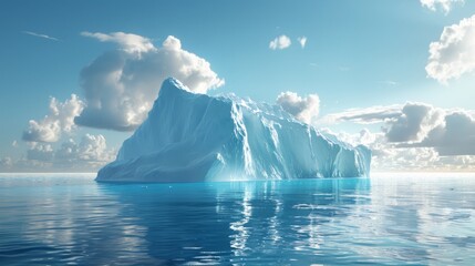 The image shows a large iceberg floating in the ocean. The iceberg is surrounded by blue water and white clouds.
