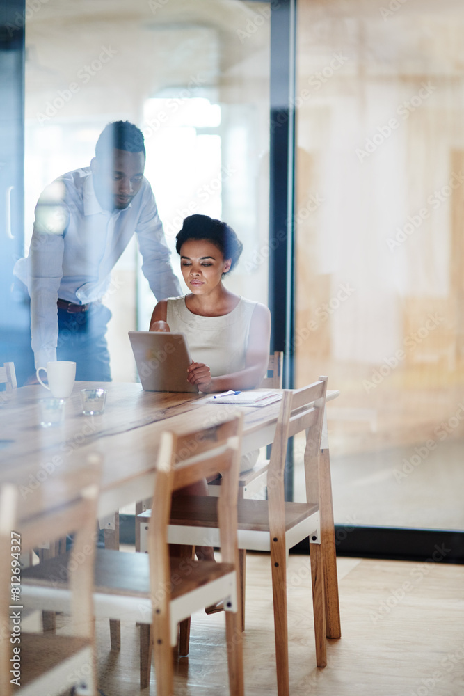 Wall mural business woman, tablet and management with staff and planning of tech for research on law case. digi