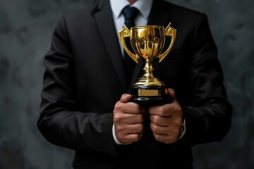 Close-up of a businessman in a suit proudly holding a golden trophy against a gray background