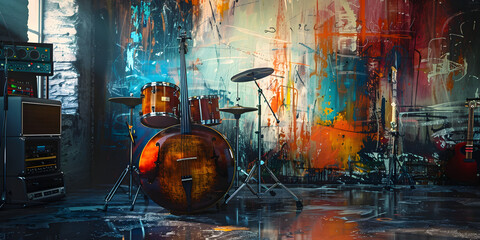 street art with drums musical instrument silhouette. Ink colorful graffiti art on a textured wall,...