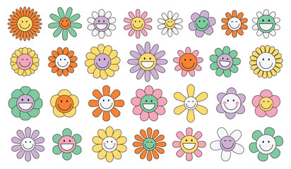 Set of funny happy daisy faces with eyes and smile. Groovy flower cute cartoon colorful characters. Sticker pack in trendy retro trippy style. Hippie 60s, 70s style. Isolated vector illustration. 