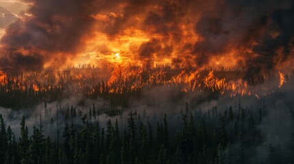 A Fierce Forest Wildfire at Dusk