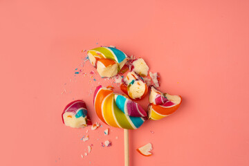 Broken color lollipop, spiral candy on stick, colorful striped lollypop, round fruit caramel,...
