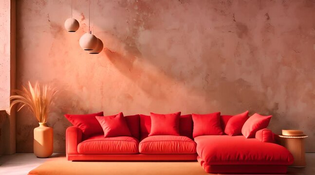interior with red sofa against wall background