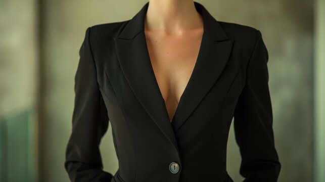 Closeup of a female business executive s torso in a charcoal grey suit, perfect for international business profiles and global strategy discussions