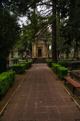 Cemetery aisle, gravestone, cemetery, burial, death, memory, mourning, sadness, grave. Vertical photo of a cloudy day.
