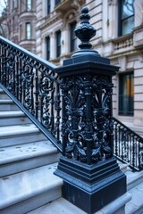 A black railing on the stairs of a building with some steps, AI