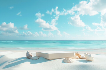 3d rendering of a podium on a tropical beach with white sand and blue ocean water