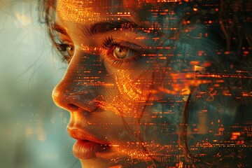 a portrait of a modern media publisher intertwined with fiery imagery and digital elements, capturing the essence of contemporary media culture