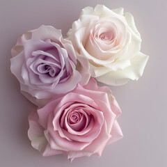 Top view of three pastel roses on lavender background.