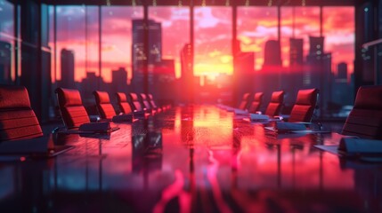 a conference room with a large glass window looking out over a city at sunset