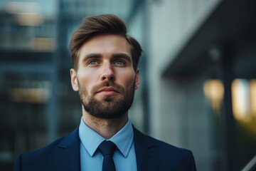 Fototapeta premium Focused young man in a suit looking ahead with a determined expression, city backdrop