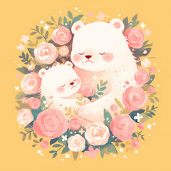 Motherly Love: A Delightful Watercolor Illustration of Two Bears in a Rose-Filled Embrace