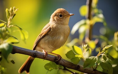 Common Nightingale in a dense, leafy habitat, singing passionately, lush greenery around