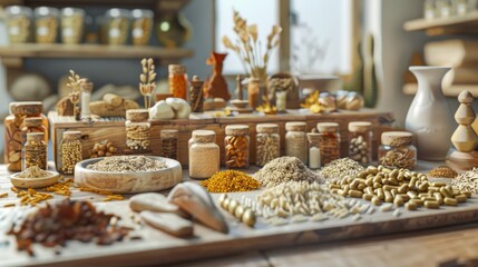 variety of spices and herbs on a wooden table. There are also some wooden spoons and bowls on the table. The background is a blurred image of a kitchen.