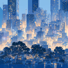 Vibrant Skyscraper Urban Nighttime Scene: A captivating high-resolution image depicting a city skyline under the moonlight with illuminated buildings and trees. Ideal for screensavers or promotional