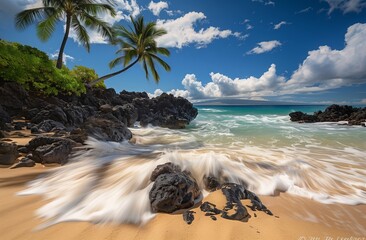 A stunning beach scene in Hawaii, with crystal
 clear turquoise waters and black lava rocks on the shore,