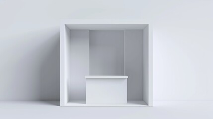 A minimalist 3D model of a white empty exhibition booth featuring a sleek promotional stand with a desk