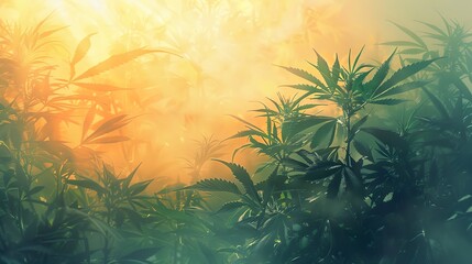 an impressionist style patch of cannabis plants in a steamy jungle with god rays. Drawn with grey pencil and soft watercolor paint. yellow and blue color scheme