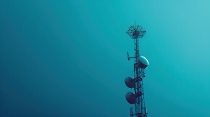 An abstract portrayal of an antenna mast against a clear blue sky, symbolizing advanced 5G technology