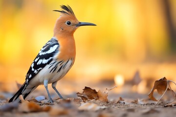 Hoopoe foraging on the ground, crest partially raised, vibrant natural setting enhancing its colors