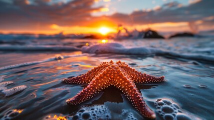Starfish in a tide pool during a sunset