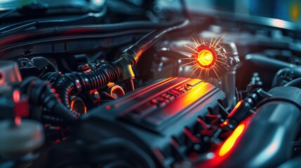 Fototapeta premium A close view of a check engine light illuminated on a car's dashboard