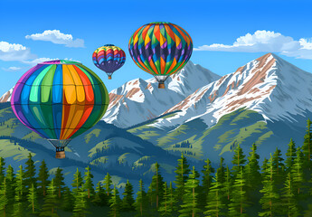 Three hot air balloons are flying over a mountain range. The sky is clear and the mountains are covered in snow. Generative AI