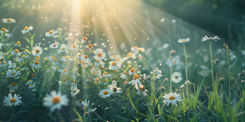 Beautiful spring meadow with blooming wildflowers and sun rays in the sky. Panorama of field full...