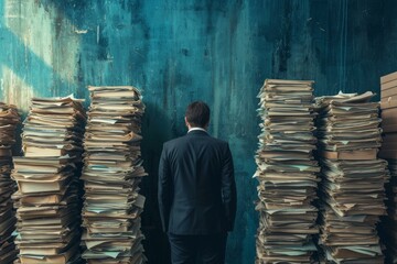 Fototapeta premium Professional man in a suit stands contemplating towering piles of documents