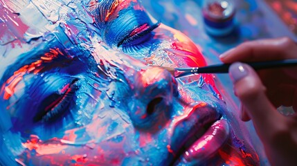 Artistic Creation of Bold Blue Female Face in Intense Colorful Painting Session