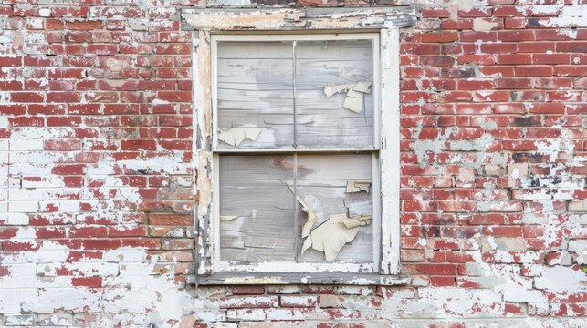 Close up view of a weathered brick wall featuring a white window and peeling paint