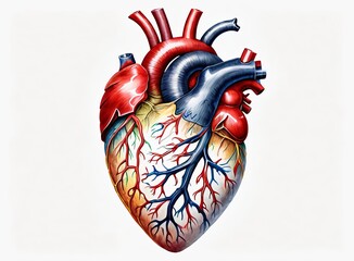 Watercolor drawing of an anatomical heart on a white background 