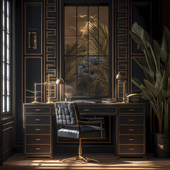 Exquisite Black and Gold Home Office with Opulent Desk and Chic Decor