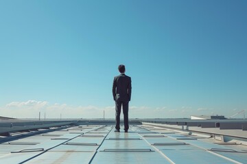 Businessman standing alone on rooftop. Contemplating the city skyline. Reflecting on career. Future. And success with a determined and introspective perspective