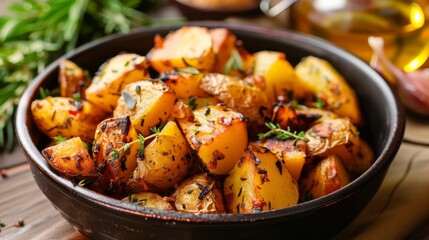 A delicious serving of fried potatoes seasoned with a mix of aromatic herbs, perfect for a savory side dish