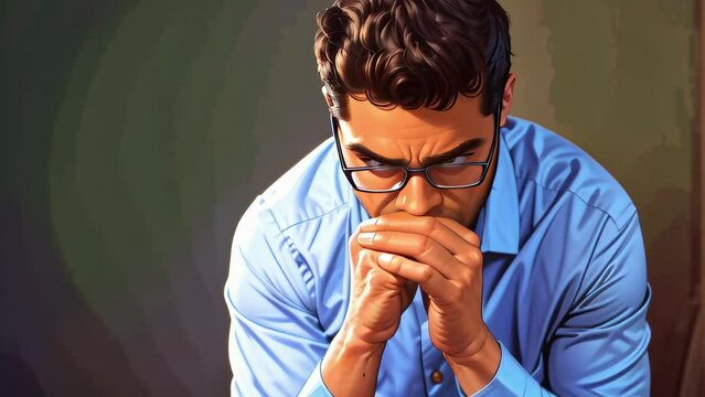 Worried business man face looking down close up seamless loop animation