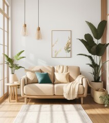 Modern interior with a beige sofa and wooden side table near a white wall mock up, plants in pots on the floor, a window with natural light.