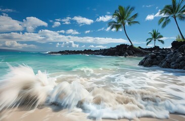 A picturesque beach scene in Hawaii, with crystalclear turquoise waters and black lava rocks on the shore, palm trees swaying gently under a blue sky, capturing an idyllic coastal view