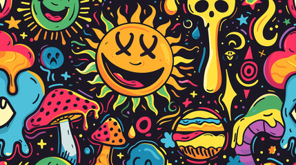 Colorful Psychedelic Doodles on Black Background