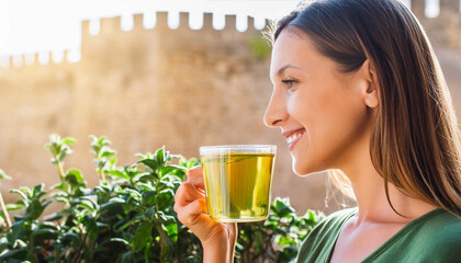 Young woman drinking herbal tea.