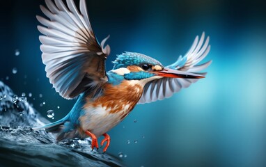 Vivid blue Kingfisher in mid flight, wings fully extended, against a soft focus water backdrop