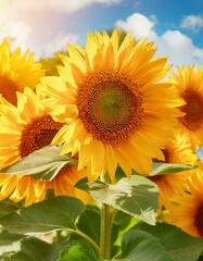 Obraz premium Sunflowers in full bloom in the warm sunlight. 