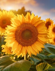 Obraz premium Sunflowers in full bloom in the warm sunlight. 